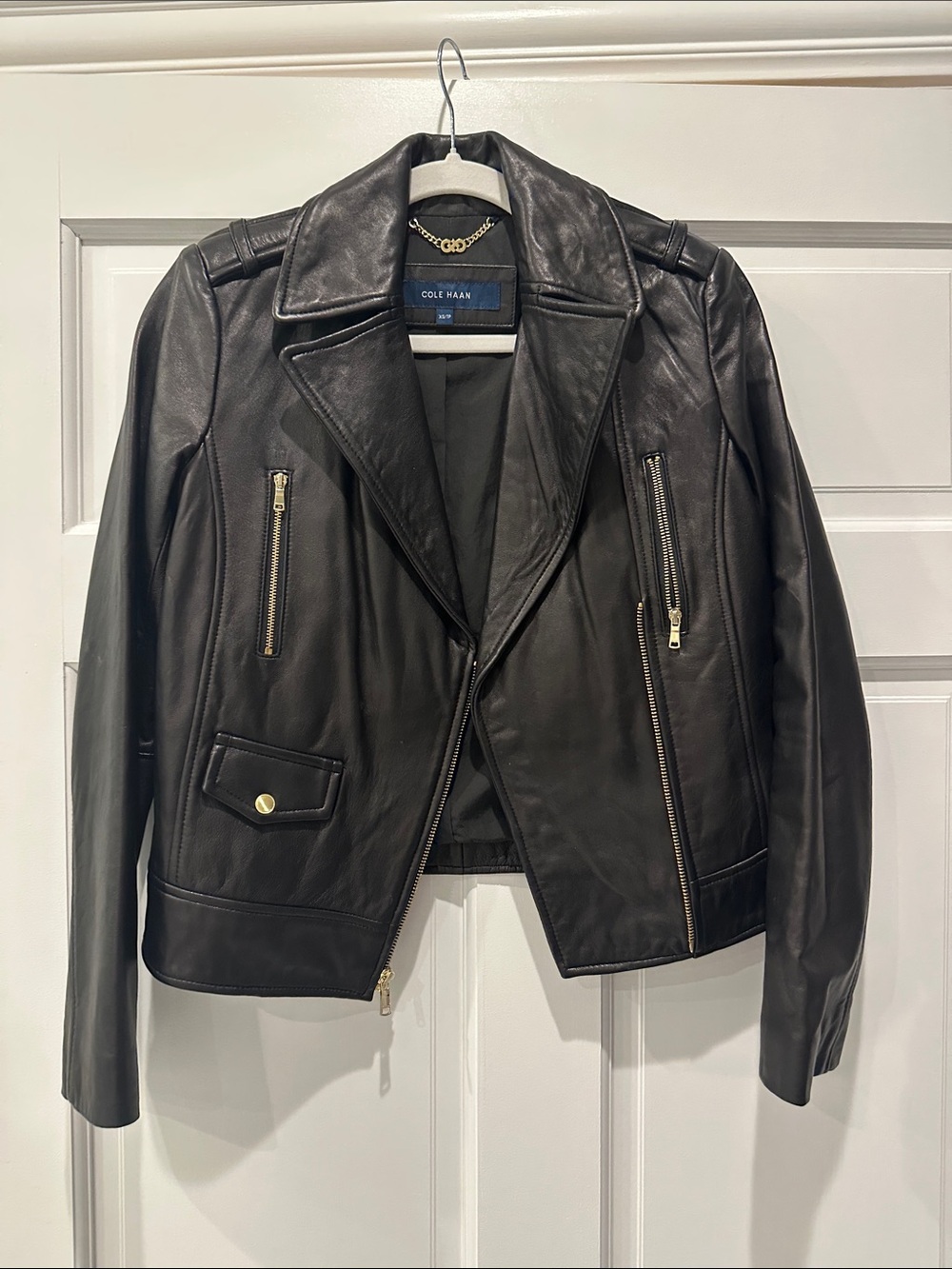 Cole Haan Black Leather Asymmetrical Moto Jacket